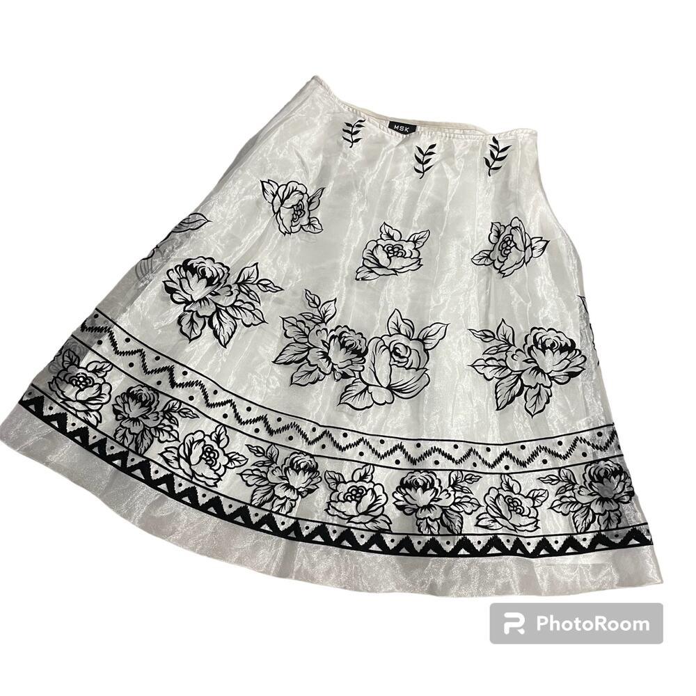 MSK Womens Size Medium Flocked Floral Flowy A Lined Skirt White Black Classic